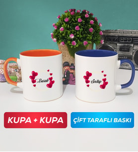 İkili İsme Özel Sevgililer Günü Hediyesi Kupa Bardak Turuncu Lacivert