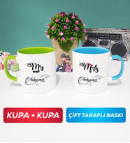 İkili Çiftlere Özel Mr Mrs Sevgiliye Hediye Kupa Bardak Yeşil Mavi