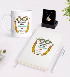 BK Gift Kişiye Özel Dünyanın En İyi Öğretmeni Beyaz Kupa Defter Kalem ve İsimli Papatya Kolye Hediye Seti-22 (Model 1)