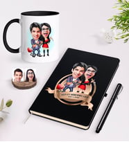 BK Gift Kişiye Özel Yılın En Mükemmel Çifti Karikatürlü Siyah Defter Kalem ve Kupa Seti-1 (Model 1)
