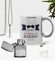 BK Gift Kişiye Özel Benim Yakışıklı Babam Krom Kupa Benzinli Çakmak Kolye Seti (Model 1)