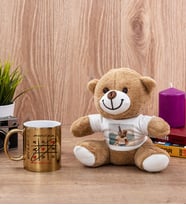 Aşk Her Zaman Kazanır Gold Kupa Bardak ve Peluş Ayıcık