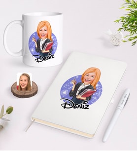 BK Gift Kişiye Özel Kadın Yönetici Karikatürlü Beyaz Defter Kalem ve Kupa Seti-1 (Model 1)