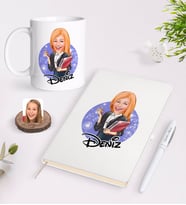 BK Gift Kişiye Özel Kadın Yönetici Karikatürlü Beyaz Defter Kalem ve Kupa Seti-1 (Model 1)