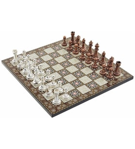 Metal Klasik Satranç Takımı Antik  ve Sedef Desenli MDF Ahşap Satranç  Tahtası (37x37 cm.)