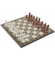 Metal Klasik Satranç Takımı Antik ve Sedef Desenli MDF Ahşap Satranç Tahtası (37x37 cm.)