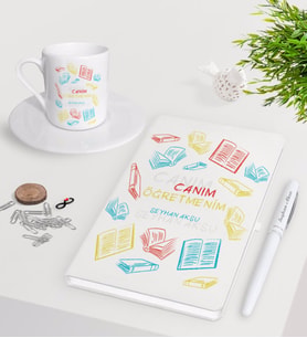 BK Gift Kişiye Özel Canım Öğretmenim Beyaz Defter Kalem Türk Kahvesi Fincanı Seti-3 (Model 1)