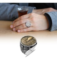 Oval Tasarım Özgürlük Kartalı Temalı 925 Ayar Gümüş Erkek Yüzük
