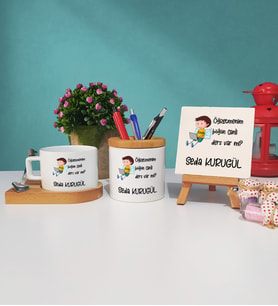 Böğön Canlı Ders Varmı Ahşap Altlıklı Fincan Kalemlik ve Dekoratif Taş Baskı Seti
