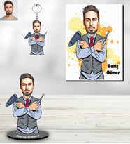 Kişiye Özel Berber Karikatürlü 3 lü Hediye Seti Bay-1