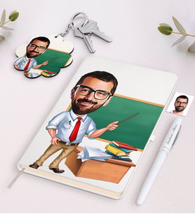 BK Gift Kişiye Özel Erkek Öğretmen Karikatürlü Beyaz Defter Kalem Ve Anahtarlık Hediye Seti-1 (Model 1)