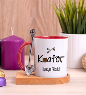 Erkek Kuaförü Ahşap Altlıklı Kırmızı Kupa Bardak
