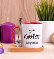 Erkek Kuaförü Ahşap Altlıklı Kırmızı Kupa Bardak