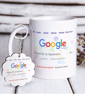 BK Gift Kişiye Özel Google Dünyanın En İyi Öğretmeni Beyaz Kupa ve Anahtarlık Hediye Seti (Model 1)