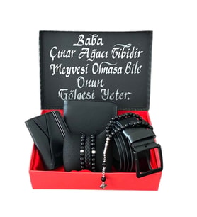 Erkek Hediye Siyah Kemer Cüzdan Kartlık Tesbih 3 Adet Bileklik (Lacivert)