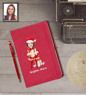 Kişiye Özel Yılbaşı Bayan Karikatürlü Kırmızı Defter Kalem Hediye Seti Model-4