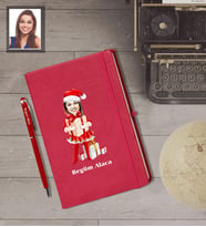 Kişiye Özel Yılbaşı Bayan Karikatürlü Kırmızı Defter Kalem Hediye Seti Model-4