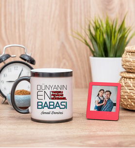 Dünyanın En İyi Babası Sihirli  Kupa Bardak ve Kırmızı Mini Çerçeve