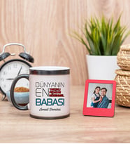 Dünyanın En İyi Babası Sihirli  Kupa Bardak ve Kırmızı Mini Çerçeve
