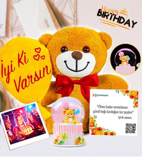 Kişiye Özel Doğum Günü Hediyesi İyi Ki Varsın Kar Küreli Balonlu Peluş Ayıcık
