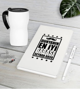 BK Gift Kişiye Özel Dünyanın En İyi Babası Beyaz Defter Kalem Termos Mug Seti-5 (Model 1)