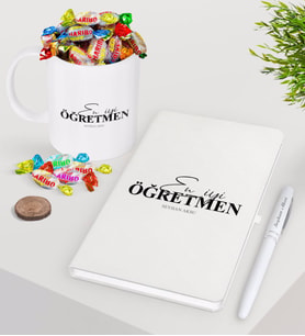 BK Gift Kişiye Özel En İyi Öğretmen Beyaz Defter Kalem Şekerli Kupa Seti-16 (Model 1)
