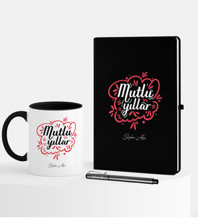 BK Gift Kişiye Özel Yılbaşı Mutlu Yıllar Temalı Siyah Defter Kalem Kupa Seti - 4