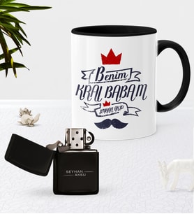 BK Gift Kişiye Özel Benim Kral Babam Siyah Kupa Bardak Benzinli Metal Çakmak Seti (Model 1)