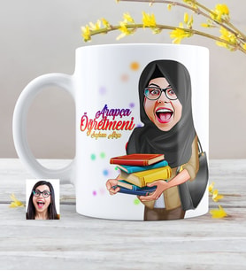 BK Gift Kişiye Özel Tesettürlü Bayan Öğretmen Karikatürlü Beyaz Kupa Bardak  2