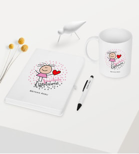 BK Gift Kişiye Özel Anaokulu Öğretmeni Temalı Beyaz Defter Kalem Kupa Seti - 5