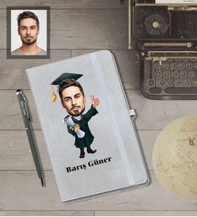 Kişiye Özel Mezuniyet Karikatürlü Gri Defter Kalem Hediye Seti  Bay-1