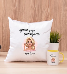 Eyeliner Gibiyim Çekemiyorlar Kare Yastık ve Sarı Kupa Bardak
