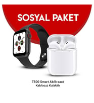 T500 Türkçe Menü Akıllı Saat + i12 Airpods Kablosuz Kulaklık (Siyah - Beyaz)