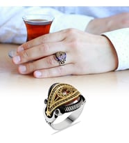 Kırmızı Zirkon Taşlı Ayyıldız Kemerli 925 Ayar Gümüş Yüzük (Çok Renkli)