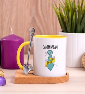Babalar Günü Hediyesi Ahşap Altlıklı Sarı Kupa Bardak