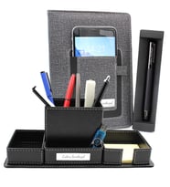 Kişiye Özel Telefon Cepli Gri Defter & Siyah Touch Roller Kalem & Masaüstü Kalemlik Hediye Seti (Siyah)