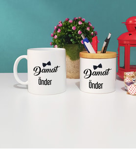 Damat Tasarımlı Kişiye Özel Damat Kupa Bardak ve Kalemlik Hediye Seti