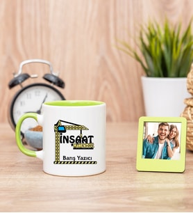 İnşaat Mühendisi Yeşil Kupa Bardak ve Yeşil Mini Fotoğraf Çerçevesi