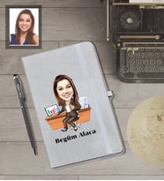 Kişiye Özel İş Kadını Karikatürlü Gri Defter Kalem Hediye Seti  Bayan-2
