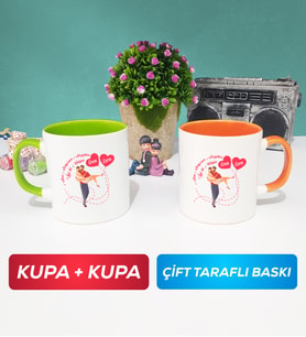 İkili Sevgiliye Sevgililer Günü Hediyesi 2 Kupa Bardak Yeşil Turuncu