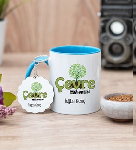 Çevre Mühendisi Mavi Kupa Bardak Ve Anahtarlık Set