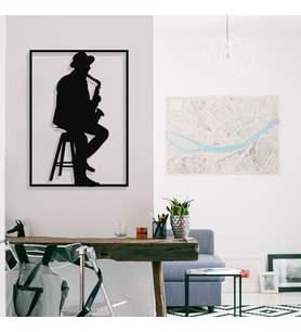 New Jargon - Çerçeve İçinde Oturarak Saksafon Çalan Adam Tasarım Metal Tablosu 70x50cm (Siyah)