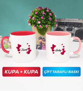 İkili İsme Özel Sevgililer Günü Hediyesi Kupa Bardak Kırmızı Pembe