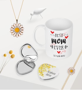 BK Gift Kişiye Özel En İyi Anne Kupa Kalp Ayna Papatya Kolye Bileklik Seti - 3 (Model 1)
