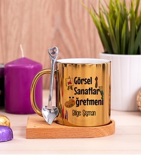 Görsel Sanatlar Öğretmeni Ahşap Altlıklı Gold Kupa Bardak