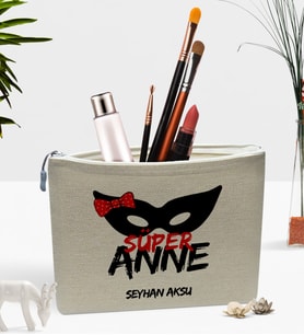 BK Gift Kişiye Özel Süper Anne Keten Makyaj Çantası - 1 (Bej)