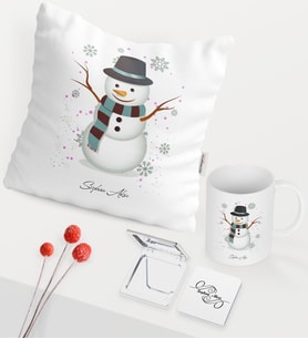 BK Gift Kişiye Özel Yılbaşı Kardan Adam Temalı Beyaz Kupa Ayna Yastık Seti - 1