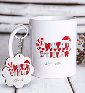 BK Gift Kişiye Özel Yılbaşı Mutlu Yıllar Beyaz Kupa ve Anahtarlık Hediye Seti-2 (Model 1)