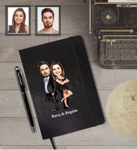 Kişiye Özel Sevgili Karikatürlü Siyah Defter Kalem Hediye Seti Model 12