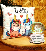 Kişiye Özel Mesajlı Unicorn Kar Küresi & Pofuduk Yastık Arkadaşa Hediye